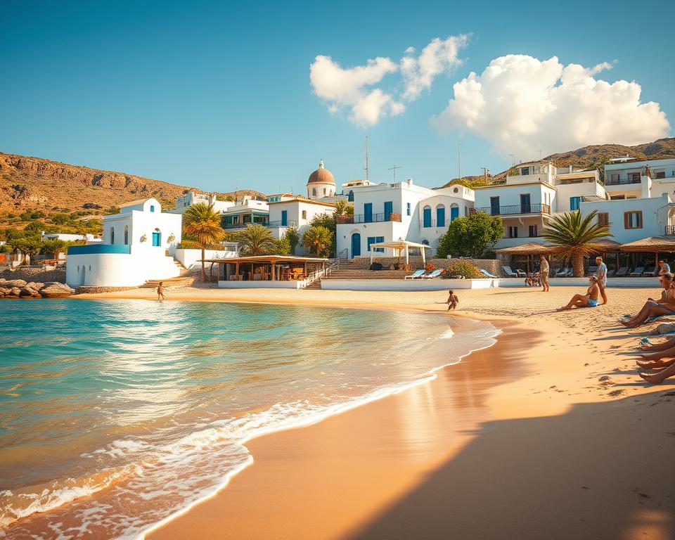 A stunning landscape of the Cyclades islands during the best travel season, capturing the vibrant essence of the Mediterranean. In the foreground, a tranquil beach with soft golden sands and gentle waves lapping at the shore. A few sunbathers in modest casual clothing enjoy the sun, creating a relaxed atmosphere. The middle ground features charming whitewashed buildings with blue accents, typical of the Cycladic architecture, set against lush greenery. The background showcases a clear blue sky with a few fluffy white clouds, indicative of pleasant weather. The scene is bathed in warm, golden sunlight, casting soft shadows, evoking feelings of serenity and joy. Captured from a low angle to emphasize the beauty of both the beach and the buildings, creating an inviting and picturesque view of the Cyclades.
