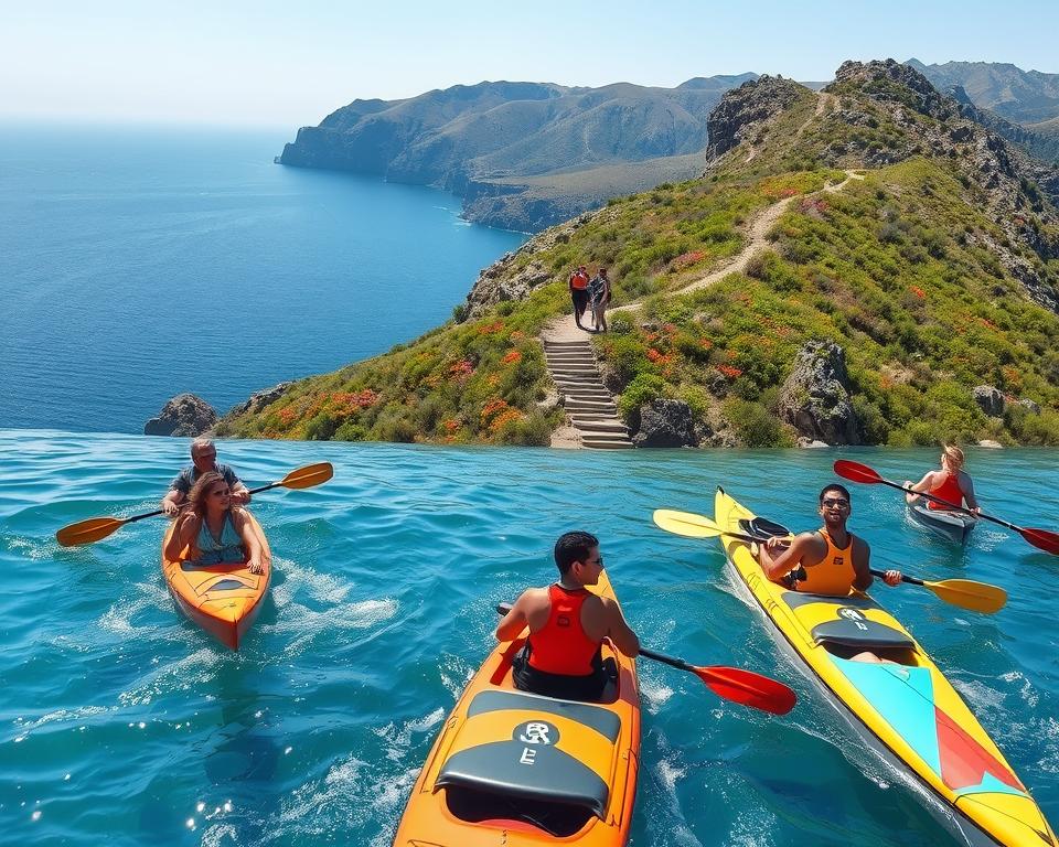 A stunning outdoor scene of Ithaka, Greece, illustrating an active holiday. In the foreground, a diverse group of individuals dressed in modest casual clothing engage in kayaking, their boats slicing through crystal-clear azure waters. In the middle ground, lush green hills dotted with vibrant wildflowers transition into rugged cliffs. A winding hiking trail leads upward, inviting exploration of the island’s breathtaking landscapes. In the background, the serene deep blue sea meets a clear sky, where sunlight creates a warm golden glow, enhancing the island's natural beauty. The atmosphere is lively and invigorating, capturing the essence of adventure and tranquility in this Greek paradise, inviting the viewer to experience the joy of outdoor activities. Shot with a wide-angle lens to encompass the stunning surroundings.