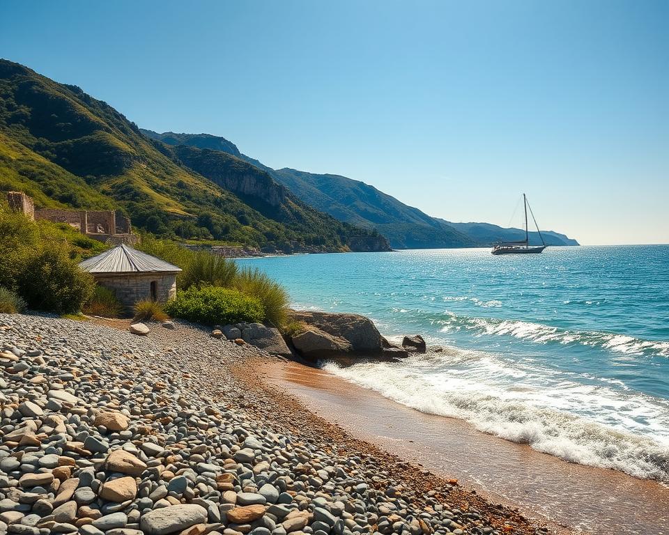 A stunning view of the Aegean coast of Turkey, showcasing a tranquil beach bordered by lush green hills. In the foreground, gentle waves lapping against smooth, sunlit pebbles. The middle ground features vibrant Mediterranean plants, with historical ruins peeking through, hinting at the rich history of the area. In the background, dramatic cliffs rise majestically against a clear blue sky, while a sailboat glides gracefully across the shimmering water, reflecting the warm sunlight. The scene is bathed in soft, golden hour lighting, creating a serene and inviting atmosphere. Capture this beautiful coastal landscape from a slight aerial angle to emphasize the stunning coastline and lush surroundings, with a focus on the natural beauty and historical significance of the Turkish Aegean region.