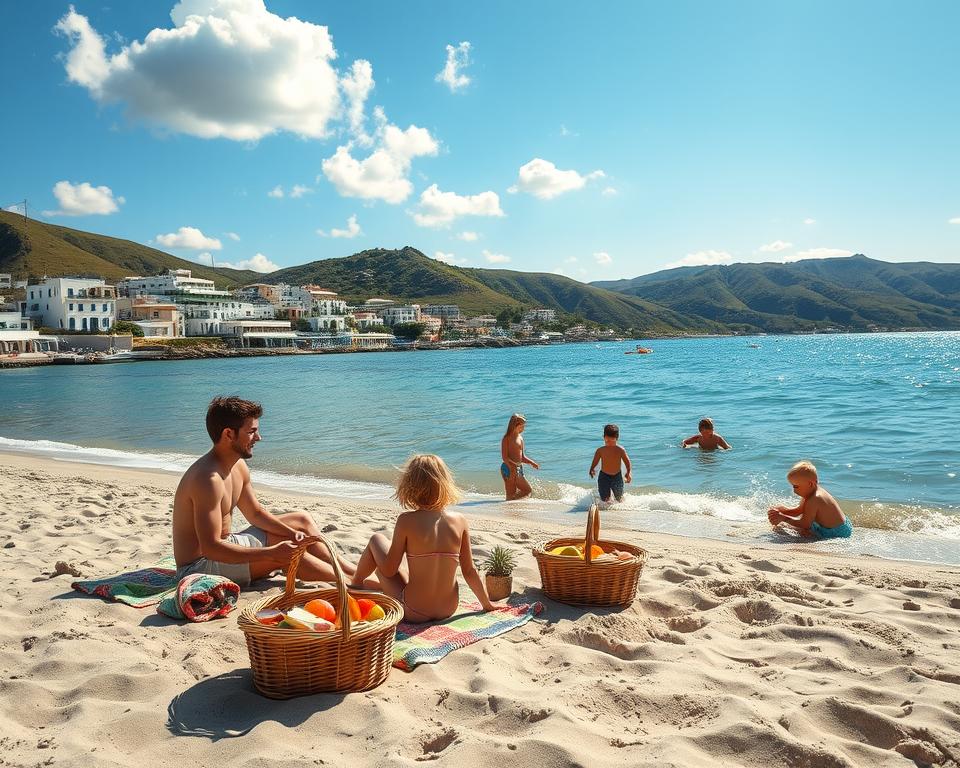 A sunny coastal scene in Greece during late spring, capturing the transition to summer. In the foreground, a family of four enjoys a picnic on a sandy beach, surrounded by colorful beach towels and a basket filled with local snacks. The middle ground features gentle waves lapping against the shore, with children playing in the water, joyfully splashing and building sandcastles. The background showcases lush green hills and traditional white-washed Greek architecture, under a brilliant blue sky dotted with fluffy white clouds. The image is bathed in warm, golden hour lighting, creating a cheerful and inviting atmosphere. Use a wide-angle lens to capture the expansive beauty of this family-friendly destination, emphasizing the idyllic and serene vibe perfect for a family holiday.