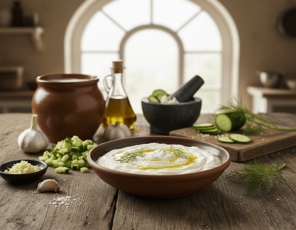 A traditional Greek Zaziki recipe preparation scene, showcasing a rustic wooden table as the foreground. In the center, a bowl of creamy, freshly made Zaziki is surrounded by ingredients: thick Greek yogurt, finely chopped cucumbers, minced garlic, a drizzle of olive oil, sprigs of fresh dill, and a sprinkle of salt. The middle ground features a mortar and pestle with garlic cloves and cucumbers, while a small cutting board displays sliced cucumbers and a sprig of dill. In the background, soft, natural light filters in through a nearby window, creating a warm and inviting atmosphere. The setting is enhanced by the use of a shallow depth of field, highlighting the Zaziki bowl and ingredients while softly blurring the surroundings. The overall mood is cozy and homey, evoking a sense of traditional cooking.