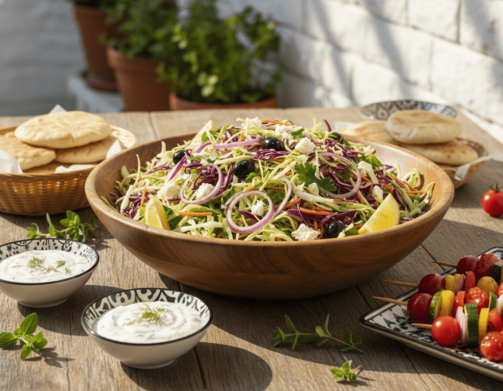 A vibrant Greek-style table setting featuring a delicious platter of Greek Krautsalat, garnished with fresh herbs and olives. In the foreground, a wooden serving bowl overflowing with crunchy cabbage, red onions, carrots, and a drizzle of olive oil, adorned with slices of feta cheese and lemon wedges. Surrounding the salad, a selection of traditional sides like tzatziki in a small bowl, warm pita bread stacked neatly, and colorful vegetable skewers. The background softly blurred to emphasize the food, with a rustic table and hints of greenery for ambiance. Natural sunlight illuminates the scene, casting gentle shadows, creating a warm and inviting atmosphere, perfect for a casual Greek meal.