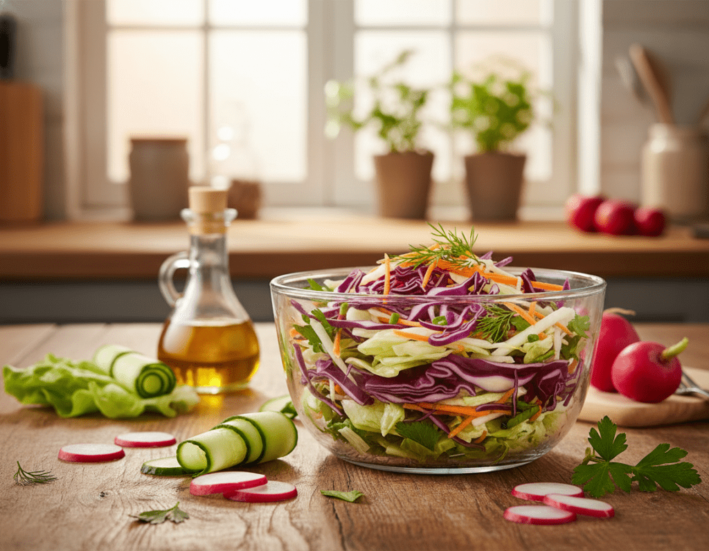 A vibrant and fresh composition showcasing a bowl of Krautsalat (cabbage salad) at the forefront, highlighting the colorful layers of finely shredded green and purple cabbage, grated carrots, and vibrant herbs. Surrounding the bowl, an assortment of healthy ingredients like sliced radishes, cucumbers, and a small bottle of olive oil creates a balanced atmosphere of health and nourishment. In the middle ground, a rustic wooden table adds warmth, with a few scattered leafy greens to suggest freshness. The background features a softly blurred kitchen setting with warm, natural lighting, evoking a cozy culinary space. The entire image should convey a sense of vitality and well-being, celebrating the nutritional benefits of Krautsalat, ideal for a health-focused article.