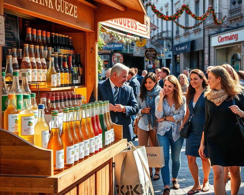 A vibrant and inviting scene showcasing a market stall brimming with a variety of Greek beverages in Germany. In the foreground, a charming wooden stall displays bottles of popular Greek drinks like ouzo, retsina, and organic fruit juices, all beautifully labeled. The middle ground features shoppers, a diverse group of smiling individuals dressed in smart casual attire, examining the beverages and engaging with a friendly vendor. In the background, a bustling street market atmosphere is alive, with colorful decorations and shop signs hinting at an open-air market. The image is bathed in warm, natural sunlight, casting soft shadows that enhance the inviting ambiance. The composition is taken from a slightly elevated angle, allowing a clear view of the stall while capturing the lively interactions, evoking a sense of exploration and cultural discovery.