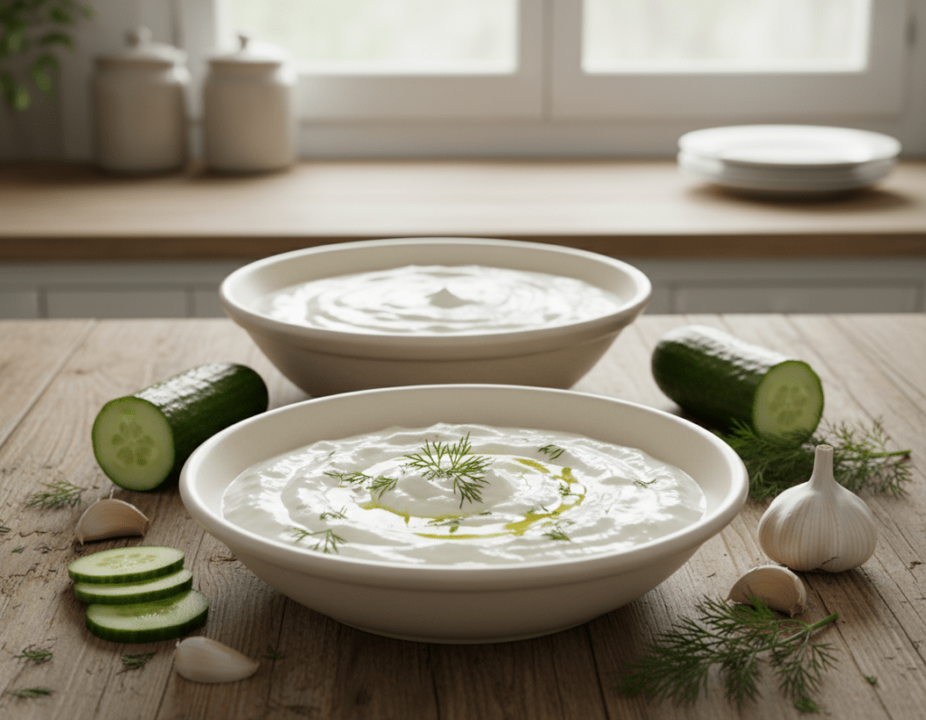 A vibrant, beautifully arranged plate of traditional Greek tzatziki sits at the forefront, surrounded by fresh ingredients like cucumbers, garlic, and sprigs of dill. In the middle ground, a rustic wooden table adds warmth, alongside a bowl filled with yogurt, emphasizing the creamy texture of tzatziki. The background features a soft-focus kitchen setting with natural light filtering through a window, creating a welcoming atmosphere. Capture the essence of health and wellness with a clean and inviting color palette of greens and whites, reflecting the dish's nutritious nature. Use a slightly elevated angle to highlight the details of the tzatziki and its ingredients, enhancing the overall freshness and appeal of the image.