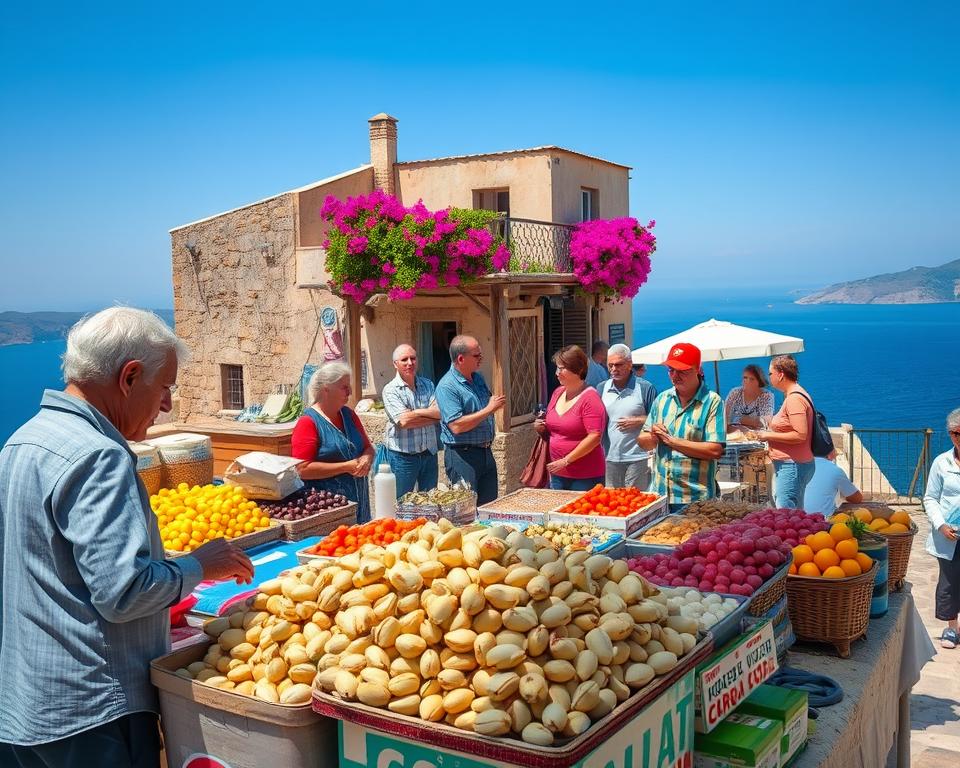 A vibrant depiction of Aegina's local culture, showcasing a traditional Greek market scene. In the foreground, a local vendor sells fresh pistachios, surrounded by colorful fruits and handmade crafts. Middle ground features locals in modest casual clothing engaging in friendly conversation, with a backdrop of rustic stone buildings adorned with bougainvillea. The background includes a sunny blue sky and the Aegean Sea, reflecting a warm, inviting atmosphere. Natural daylight floods the scene, enhancing the vivid colors and textures. Capture this at a slightly elevated angle, providing an overview of the bustling market while maintaining a focus on the richness of Aegina's cultural vibrancy. The overall mood should feel lively and authentic, immersing viewers in the local traditions and daily life.