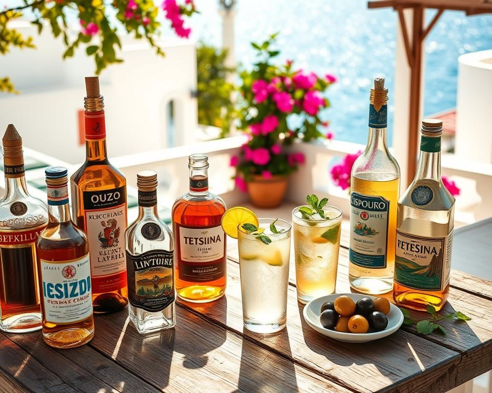 A vibrant display of Greek beverage categories, featuring an assortment of traditional drinks. In the foreground, a rustic wooden table is laden with colorful bottles of ouzo, tsipouro, and retsina, some adorned with intricate labels. In the middle ground, a glass of refreshing lemonade garnished with mint leaves sits next to a small plate of meze, showcasing olives and cheese. The background features a sun-drenched terrace overlooking the sparkling blue Aegean Sea, with whitewashed buildings and vibrant bougainvillea. Soft, golden sunlight bathes the scene, creating a warm and inviting atmosphere, capturing the essence of Greek culture and social gatherings. The composition is shot from a slightly elevated angle to highlight the beverages while maintaining the beautiful landscape.