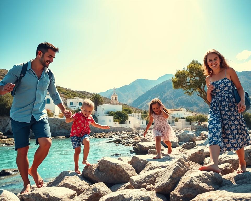 A vibrant family vacation scene in Greece during a sunny day, showcasing a family of four enjoying outdoor adventures together. In the foreground, a father and mother playfully guide their two children, a boy and a girl, who are exploring a rocky beach with crystal-clear turquoise water. The middle ground features a picturesque Greek village with whitewashed buildings and blooming bougainvillea, framed by lush greenery and olive trees. The background reveals the majestic mountains under a bright blue sky, with a few fluffy clouds. Soft sunlight casts warm golden hues, creating a cheerful atmosphere. The scene conveys joy, exploration, and bonding, capturing the essence of family fun on vacation in Greece. Use a wide-angle lens for a dynamic perspective, enhancing the sense of adventure and openness.