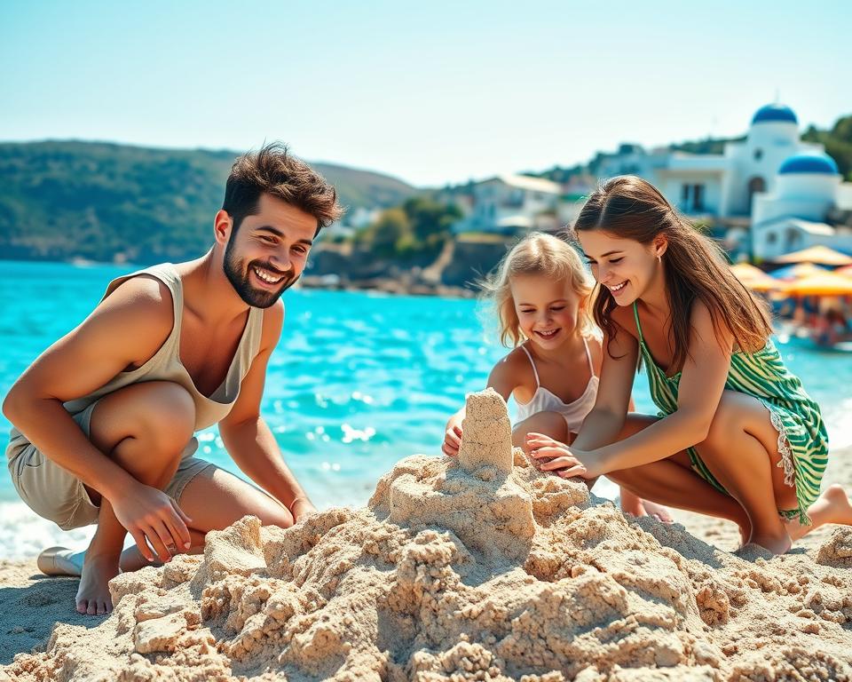 A vibrant family vacation scene in Greece, featuring a cheerful family with two children exploring a picturesque beach. In the foreground, the family is building a sandcastle, with smiles and laughter, dressed in casual, modest summer clothing. The middle ground showcases the stunning blue waters of the Aegean Sea with gentle waves lapping the shore and colorful beach umbrellas providing shade. The background reveals charming white-washed buildings with blue domes set against a sunny sky and lush green hills. The lighting is bright and cheerful, capturing the warmth of a summer day. The mood is joyful and relaxed, inviting families to envision their perfect holiday together in Greece.