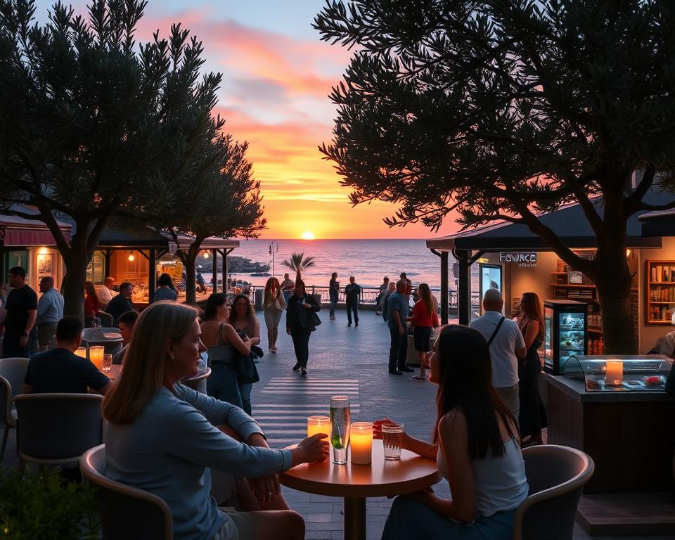 A vibrant nightlife scene in Aegina, Greece, showcasing a lively outdoor cafe filled with patrons enjoying evening drinks. In the foreground, a couple in modest casual clothing chat animatedly at a cozy table adorned with soft, twinkling candlelight. The middle ground features a bustling promenade lined with stately olive trees and charming street vendors, while local musicians play softly nearby. In the background, the stunning Greek sunset casts warm hues of orange and pink across the sky, illuminating the sea's gentle waves. The atmosphere should convey a sense of warmth, relaxation, and community, emphasizing the enjoyment of evening entertainment in this picturesque coastal town. Use soft focus to create an inviting and dreamlike quality, capturing the essence of Aegina's nightlife.