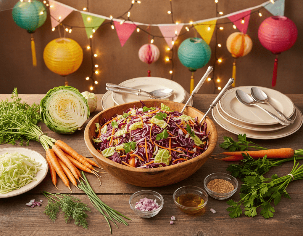 A vibrant preparation scene for a Krautsalat party, featuring a beautifully arranged table in the foreground with fresh ingredients like crisp green cabbage, colorful carrots, and fresh herbs. A large wooden bowl filled with mixed Krautsalat sits prominently in the center. In the middle ground, several elegant serving dishes and decorative utensils are displayed, while a backdrop of soft-focus party decorations creates an inviting atmosphere. The lighting is warm and soft, capturing the essence of a friendly gathering. The scene is photographed from an overhead angle to showcase the colorful ingredients and the inviting layout. The mood is festive and cheerful, perfect for a special occasion celebration.