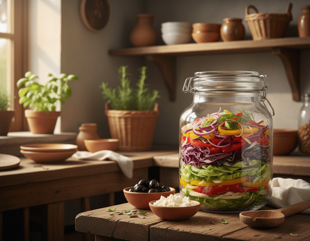 A vibrant, rustic scene showcasing a traditional Greek cabbage salad being stored in a clear, glass jar on a wooden kitchen countertop. In the foreground, the jar is filled with colorful layers of finely shredded cabbage, red onions, bell peppers, and fresh herbs, beautifully arranged to highlight the freshness of the ingredients. The middle ground features a few additional bowls of salad components, such as olives and feta cheese, and a wooden spoon resting beside them. Soft, natural lighting filters in from a nearby window, creating a warm atmosphere that emphasizes the freshness of the ingredients. In the background, shelves are stocked with rustic kitchenware and herbs in pots, enhancing the Mediterranean feel of the setting. The overall mood is inviting and homely, perfect for illustrating the idea of homemade Greek salad storage.