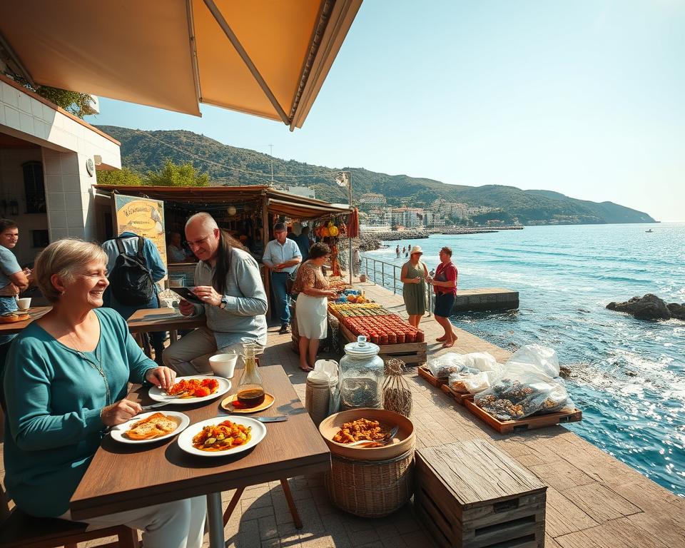A vibrant scene capturing the essence of Aegina, Greece, showcasing a mix of activities and experiences. In the foreground, a couple in modest casual clothing is enjoying a traditional Greek meal at a waterfront tavern, with plates of mezze and a carafe of ouzo on their table. In the middle ground, local artisans are selling handcrafted souvenirs at a lively market, surrounded by colorful displays of spices and ceramics. The background features the iconic Aegina coastline, with crystal-clear turquoise waters gently lapping against the shore and scenic hills dotted with olive trees. Golden sunlight bathes the scene, casting soft shadows and creating a warm, inviting atmosphere. The image is framed with a slight angle from a low perspective to emphasize the lively activity, evoking a sense of adventure and cultural richness.