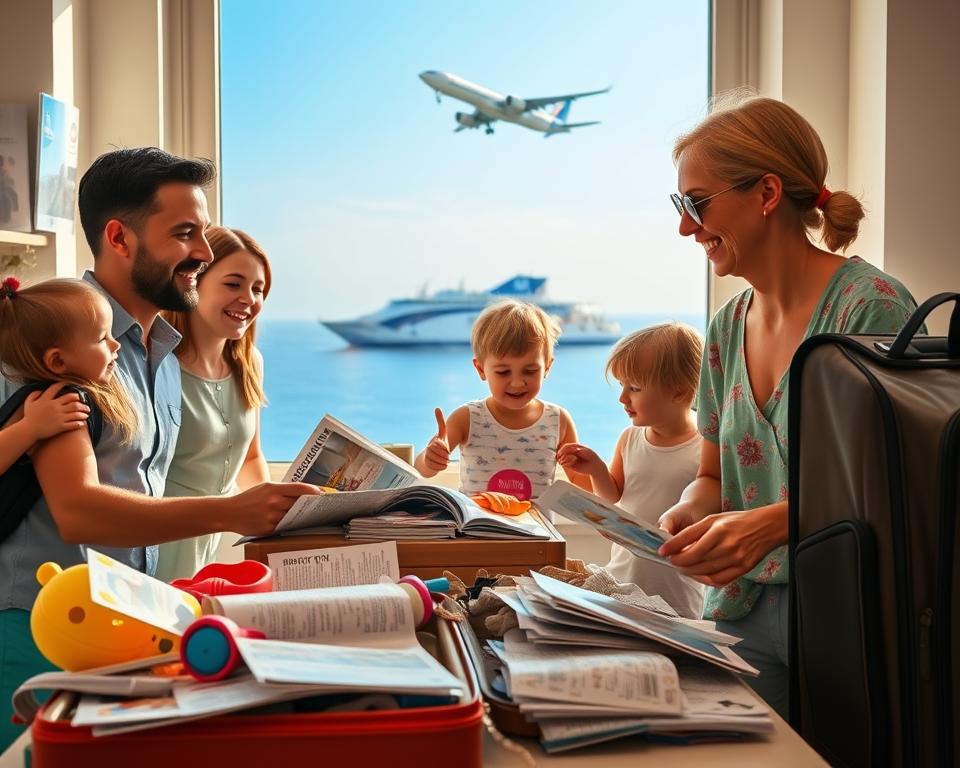 A vibrant scene depicting a family preparing for their journey to Greece, focused on travel logistics. In the foreground, a cheerful family with two children is seen discussing their travel plans while a suitcase is packed with beach toys and clothing. In the middle ground, visualize a travel agent's desk cluttered with brochures about flights, ferries, and car rentals, alongside maps of Greece. The background features a bright window with a view of an airplane soaring in a clear blue sky, while a ferry is visible on the horizon. Use warm, inviting lighting to create a sense of excitement and adventure. The atmosphere should feel lively and family-oriented, emphasizing togetherness and the joy of planning a vacation.