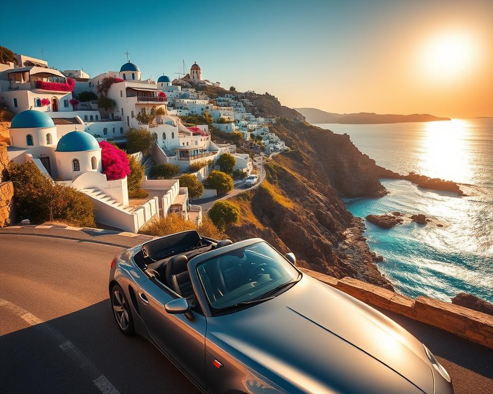 A vibrant scene depicting a rented car parked on a scenic coastal road in the Cyclades Islands. In the foreground, the car, a compact convertible, gleams in the bright sun, reflecting the azure sky. In the middle ground, iconic white-washed buildings with blue domes cascade down a hillside, surrounded by lush greenery and blooming bougainvillea. The background features crystal-clear turquoise waters gently lapping at the rocky shore, under a radiant golden sunset. The atmosphere is lively yet tranquil, inviting exploration and adventure. The entire composition should be captured with a wide-angle lens to emphasize the breathtaking scenery, and the lighting should showcase the warm, golden tones typical of a summer evening in Greece.
