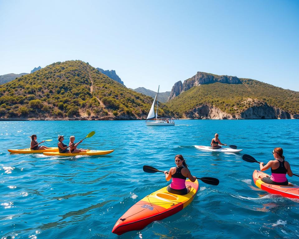 A vibrant scene of water sports on Ithaka, showcasing a crystal-clear blue sea with gentle waves. In the foreground, a group of people in modest, colorful active wear are enjoying kayaking and stand-up paddleboarding, their expressions reflecting excitement and adventure. In the middle ground, a sailboat glides gracefully across the water, its white sails contrasting against the deep blue. Surrounding the bay, lush green hills dotted with olive trees rise majestically, reflecting the sun’s warm golden light, enhancing the tranquil yet adventurous atmosphere. In the background, the iconic cliffs of Ithaka can be seen under a clear blue sky, adding depth to the composition. The scene is captured with a wide-angle lens to emphasize the picturesque landscape, radiating a sense of freedom and exploration.