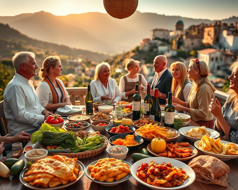 A vibrant scene showcasing the cultural connections between Greece and its Balkan neighbors. In the foreground, a table is adorned with traditional Greek and Balkan dishes, such as moussaka and sarma, along with vibrant fresh vegetables and local wines. In the middle, a group of individuals, dressed in modest traditional clothing, are engaged in a lively discussion, reflecting the warmth and camaraderie of the region. The background features picturesque landscapes, including the rolling hills of Greece and characteristic architecture from neighboring countries, bathed in golden hour sunlight. The mood is inviting and festive, evoking a sense of community and cultural richness, with gentle shadows enhancing the atmosphere. Use a wide-angle lens to capture the depth of the scene, emphasizing the connection between food, language, and traditions.