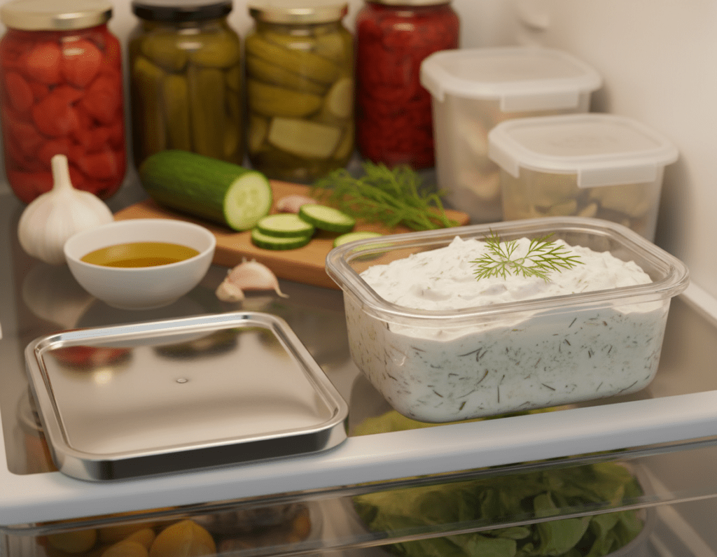 An organized refrigerator shelf showcasing a well-wrapped container of homemade tzatziki, surrounded by fresh ingredients like cucumbers, garlic, and a sprig of dill. In the foreground, the tzatziki container is clearly visible, with a shiny lid reflecting soft interior lighting. The middle ground features a vibrant cucumber sliced into bite-sized pieces, with a small bowl of olive oil and a garlic bulb nearby, hinting at the tzatziki's freshness. The background depicts neatly arranged jars and containers, emphasizing a clean and inviting kitchen atmosphere. The lighting is warm and inviting, casting gentle shadows to create depth, with a focus that conveys a homely and culinary feel, encouraging the viewer to appreciate the freshness and shelf life of homemade tzatziki.