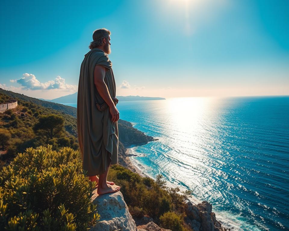 Odysseus, standing proud on the rocky shores of Ithaka, gazes towards the horizon. In the foreground, lush green hills dotted with olive trees frame his figure, reflecting the essence of Greek culture and mythology. The middle ground features a shimmering azure sea, with gentle waves lapping against the shoreline, hinting at the island's tranquil beauty. In the background, soft, sunlit clouds drift across a bright blue sky, casting a warm glow over the scene. The atmosphere is serene and nostalgic, evoking the spirit of adventure and yearning. The lighting is golden, reminiscent of the late afternoon sun, enhancing the rich colors of the landscape. Use a wide-angle lens perspective to capture the majestic surroundings, ensuring a vivid representation of Ithaka's enchanting essence.